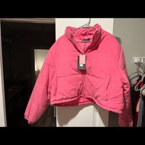Pink puffer coat from Pretty Little Thing